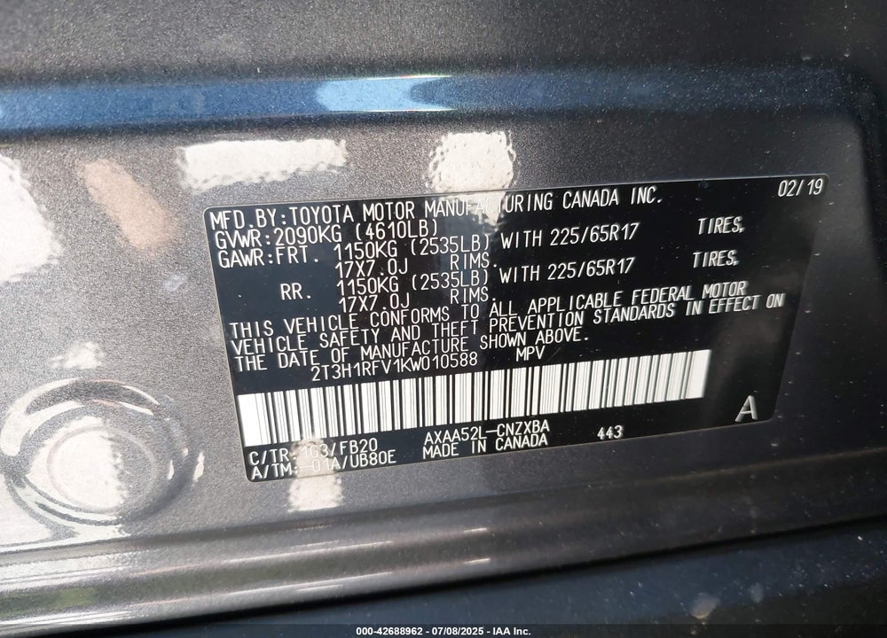 2019 TOYOTA RAV4 VIN: 2T3H1RFV1KW010588