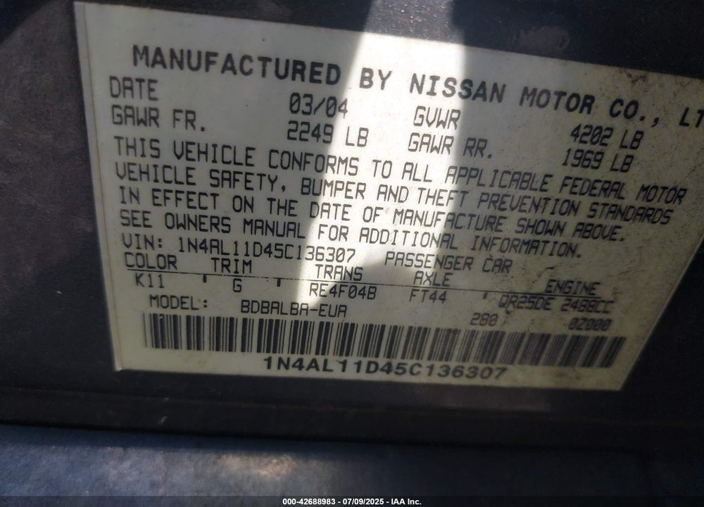 2005 NISSAN ALTIMA 2.5 S VIN: 1N4AL11D45C136307