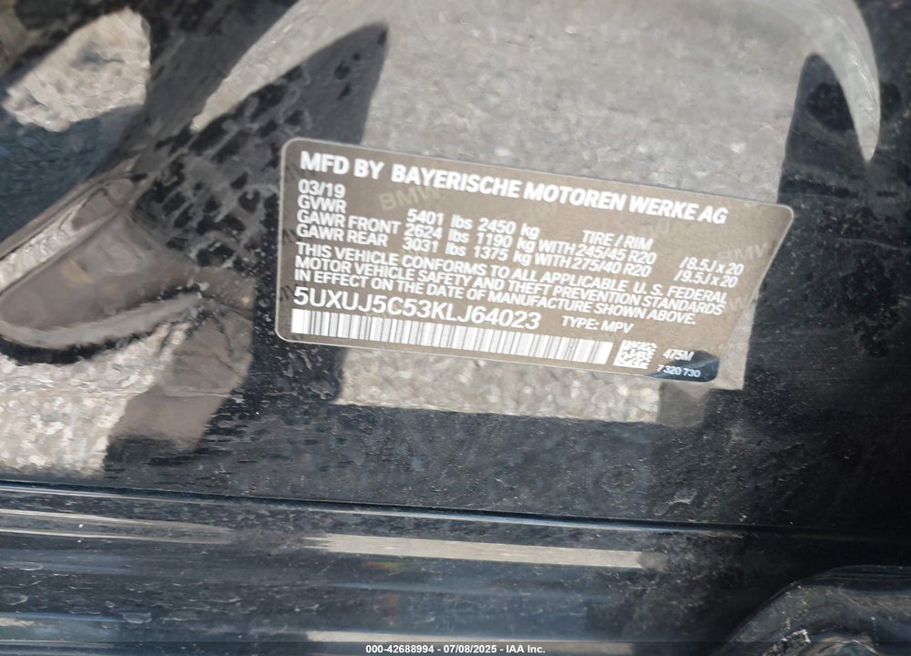 2019 BMW X4 VIN: 5UXUJ5C53KLJ64023