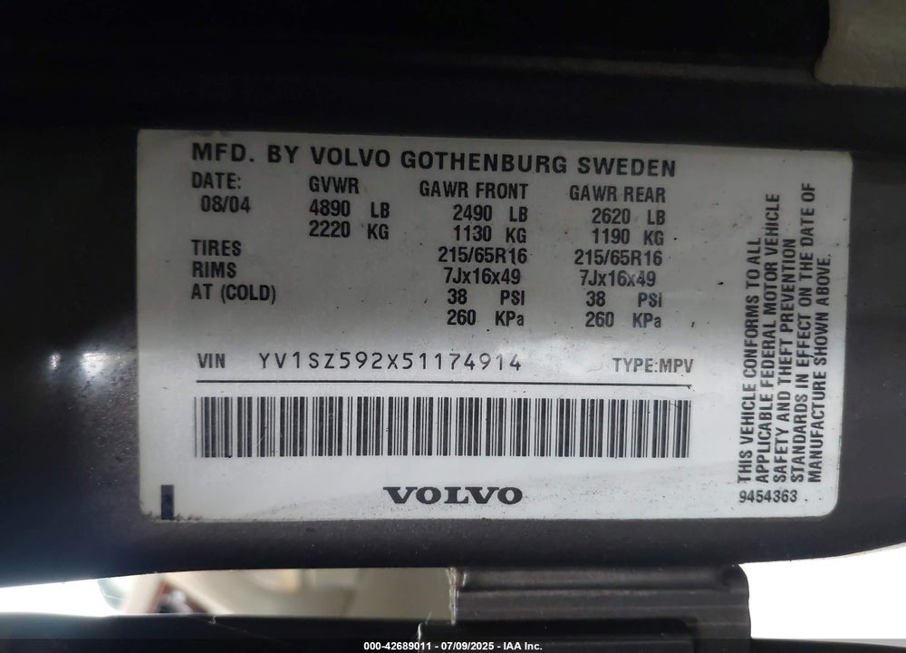 2005 VOLVO XC70 2.5T AWD VIN: YV1SZ592X51174914