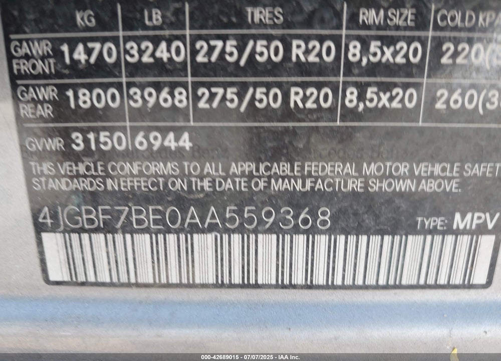 2010 MERCEDES-BENZ GL-CLASS VIN: 4JGBF7BE0AA559368