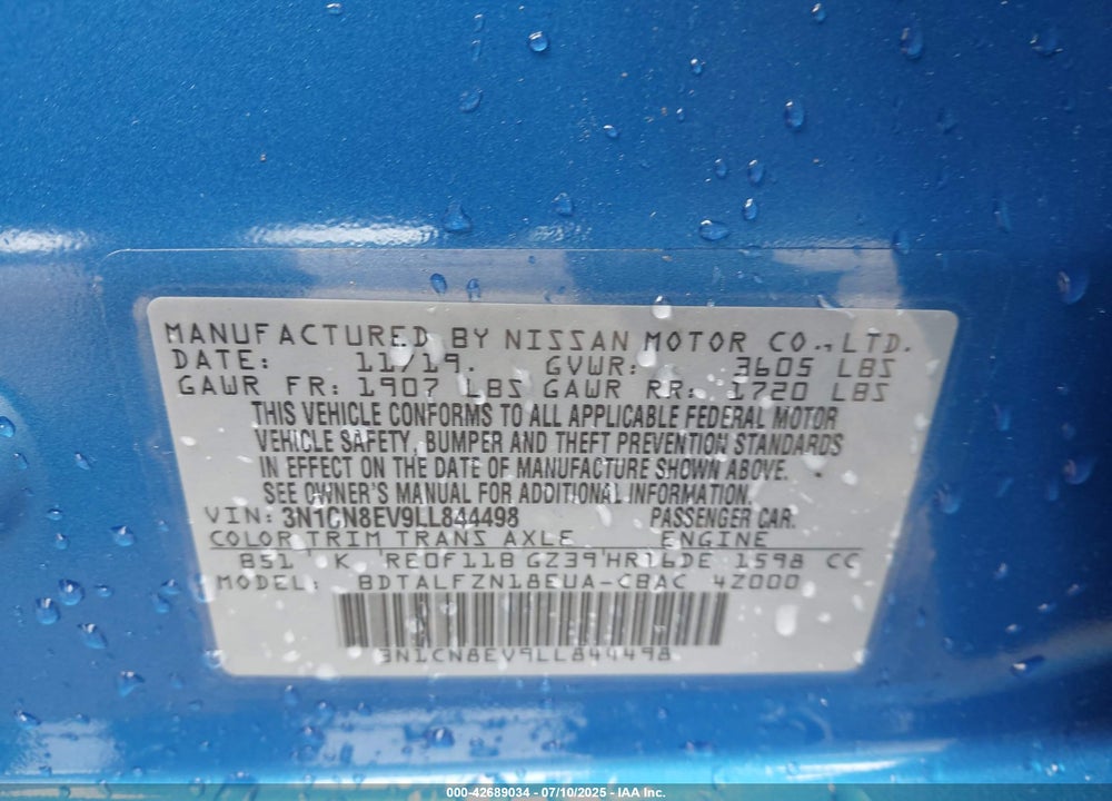 2020 NISSAN VERSA VIN: 3N1CN8EV9LL844498