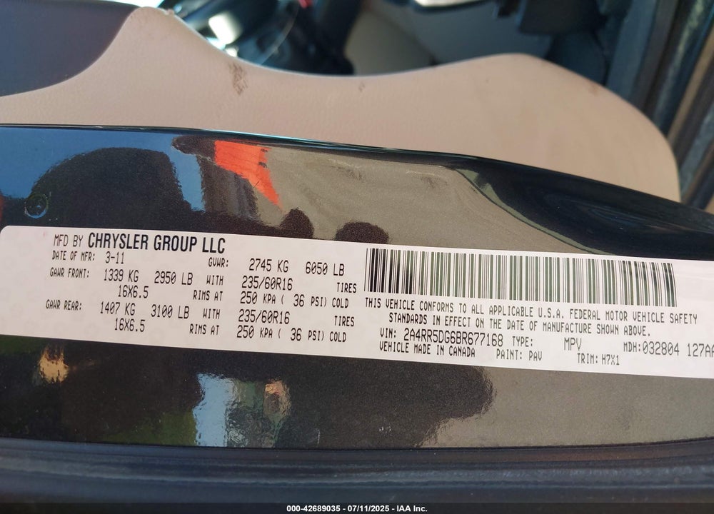 2011 CHRYSLER TOWN & COUNTRY TOURING VIN: 2A4RR5DG6BR677168