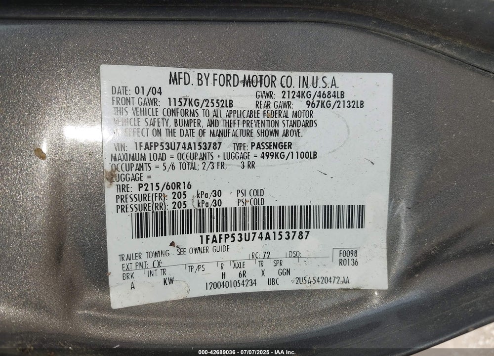 2004 FORD TAURUS SE VIN: 1FAFP53U74A153787