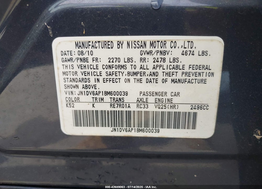 2011 INFINITI G25 VIN: JN1DV6AP1BM600039