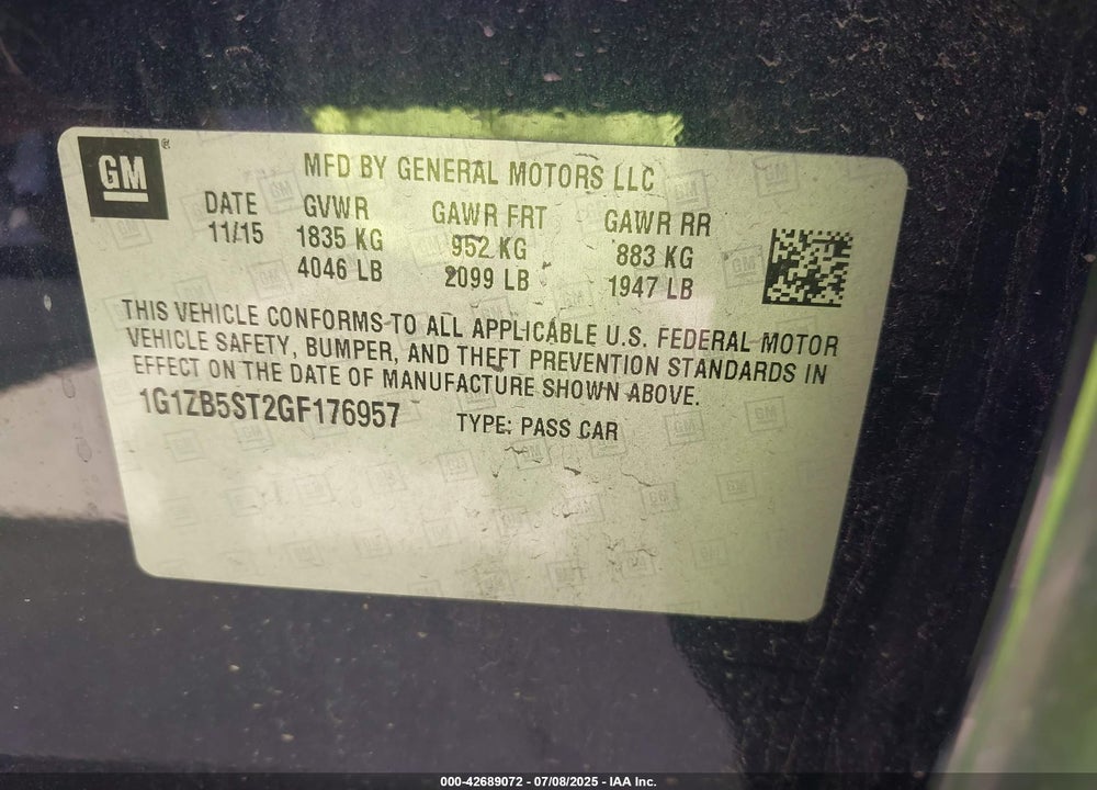 2016 CHEVROLET MALIBU VIN: 1G1ZB5ST2GF176957