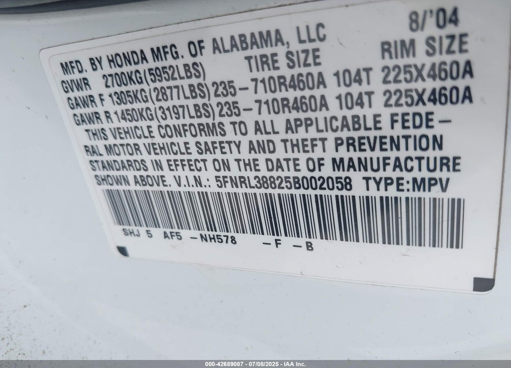 2005 HONDA ODYSSEY TOURING VIN: 5FNRL38825B002058