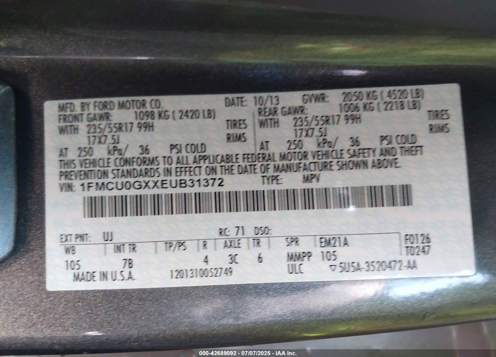 2014 FORD ESCAPE VIN: 1FMCU0GXXEUB31372