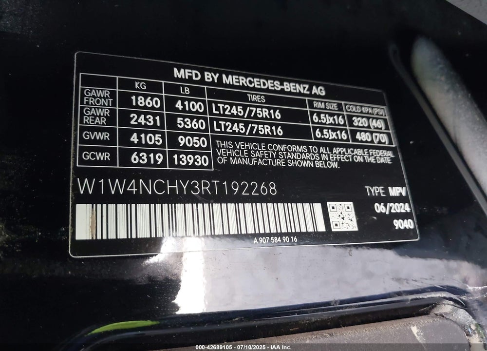 2024 MERCEDES-BENZ SPRINTER 2500 HIGH ROOF 4-CYL DIESEL HO VIN: W1W4NCHY3RT192268