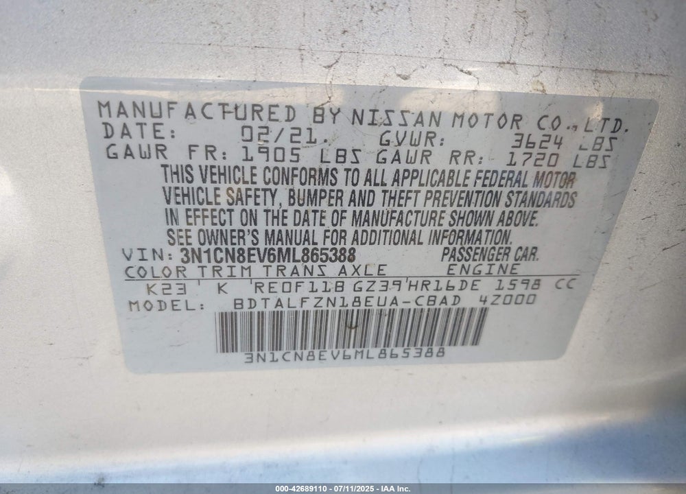 2021 NISSAN VERSA VIN: 3N1CN8EV6ML865388