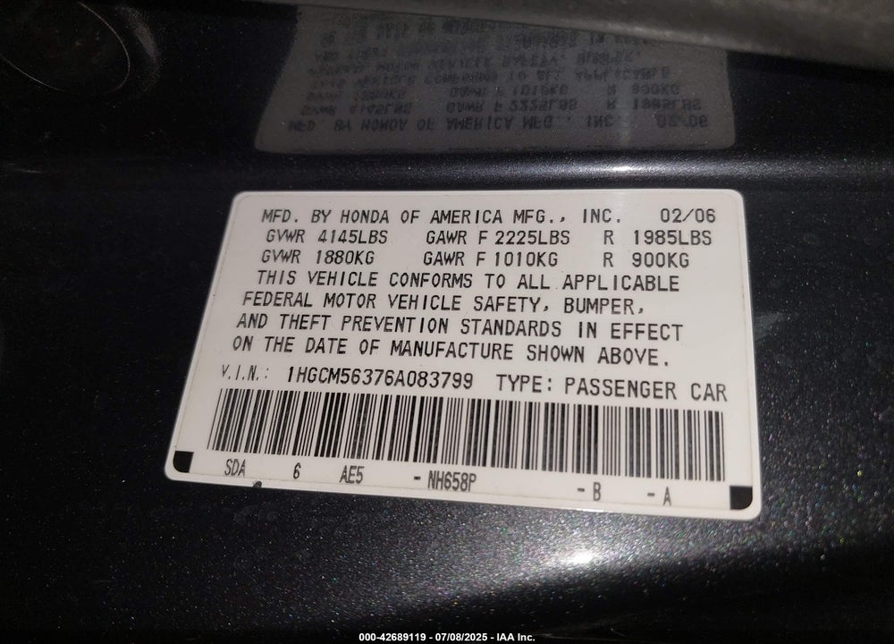 2006 HONDA ACCORD VIN: 1HGCM56376A083799