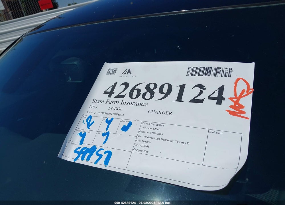 2019 DODGE CHARGER VIN: 2C3CDXHG0KH748634