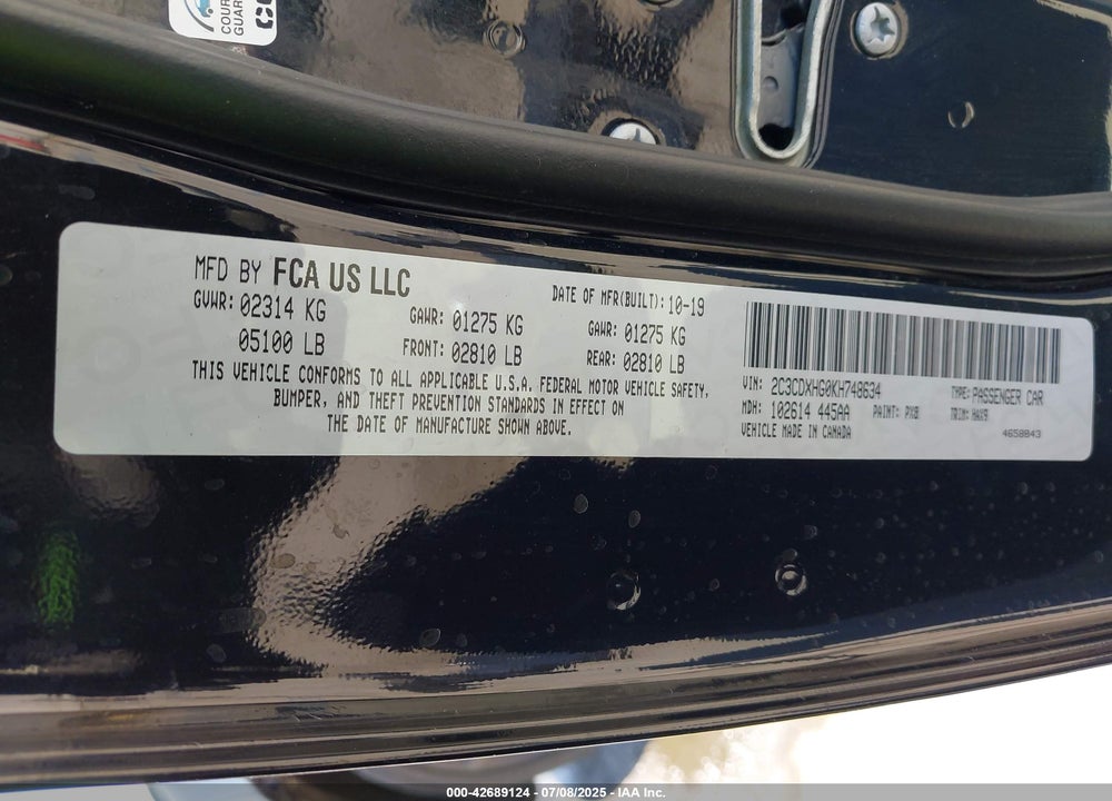 2019 DODGE CHARGER VIN: 2C3CDXHG0KH748634