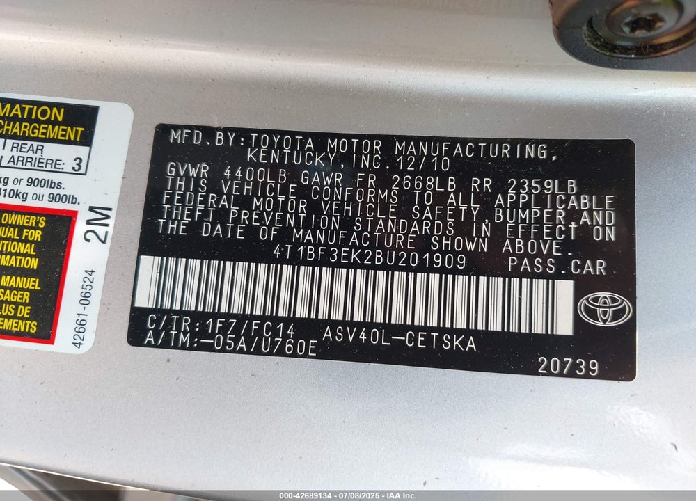 2011 TOYOTA CAMRY VIN: 4T1BF3EK2BU201909