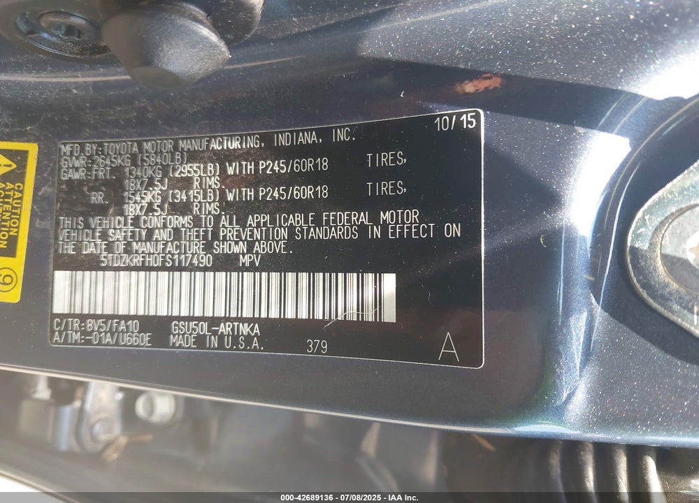 2015 TOYOTA HIGHLANDER VIN: 5TDZKRFH0FS117490
