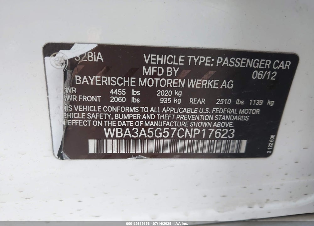 2012 BMW 3 SERIES VIN: WBA3A5G57CNP17623
