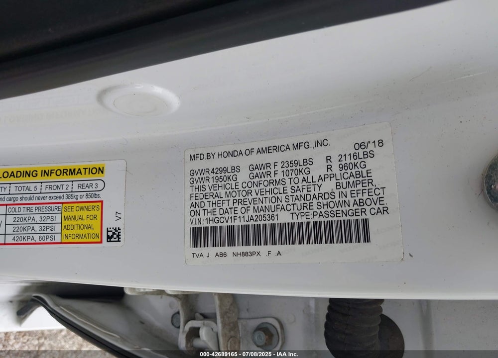 2018 HONDA ACCORD VIN: 1HGCV1F11JA205361