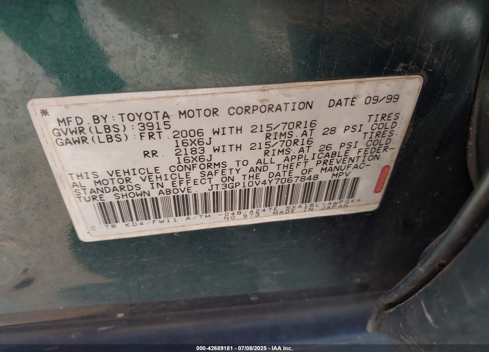 2000 TOYOTA RAV4 VIN: JT3GP10V4Y7067848