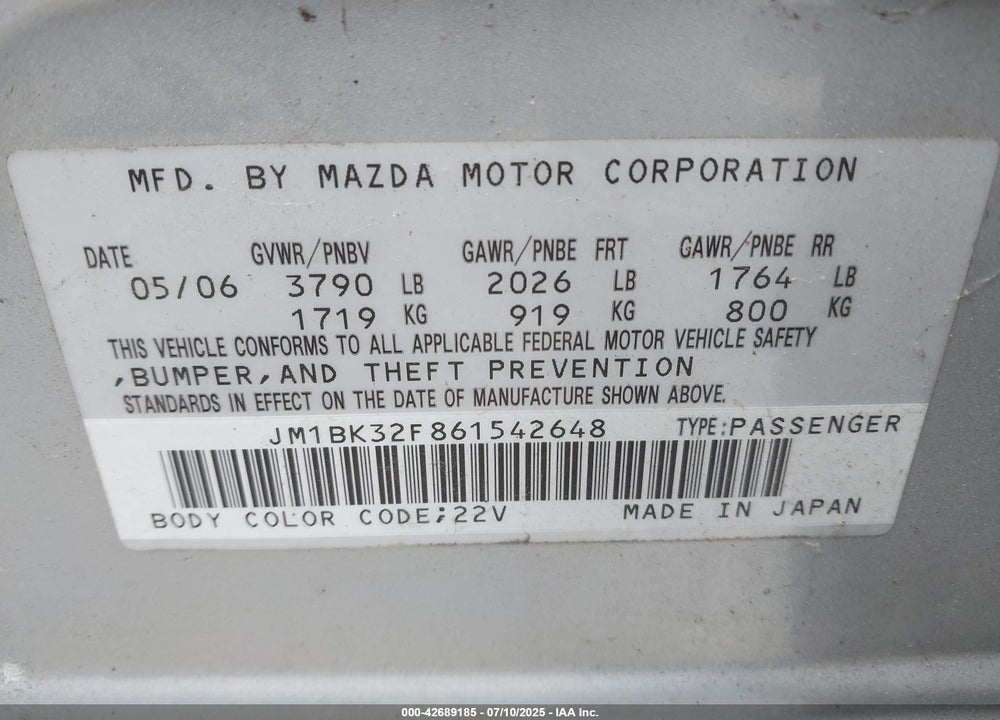 2006 MAZDA 3 I VIN: JM1BK32F861542648