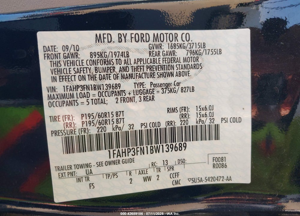 2011 FORD FOCUS VIN: 1FAHP3FN1BW139689