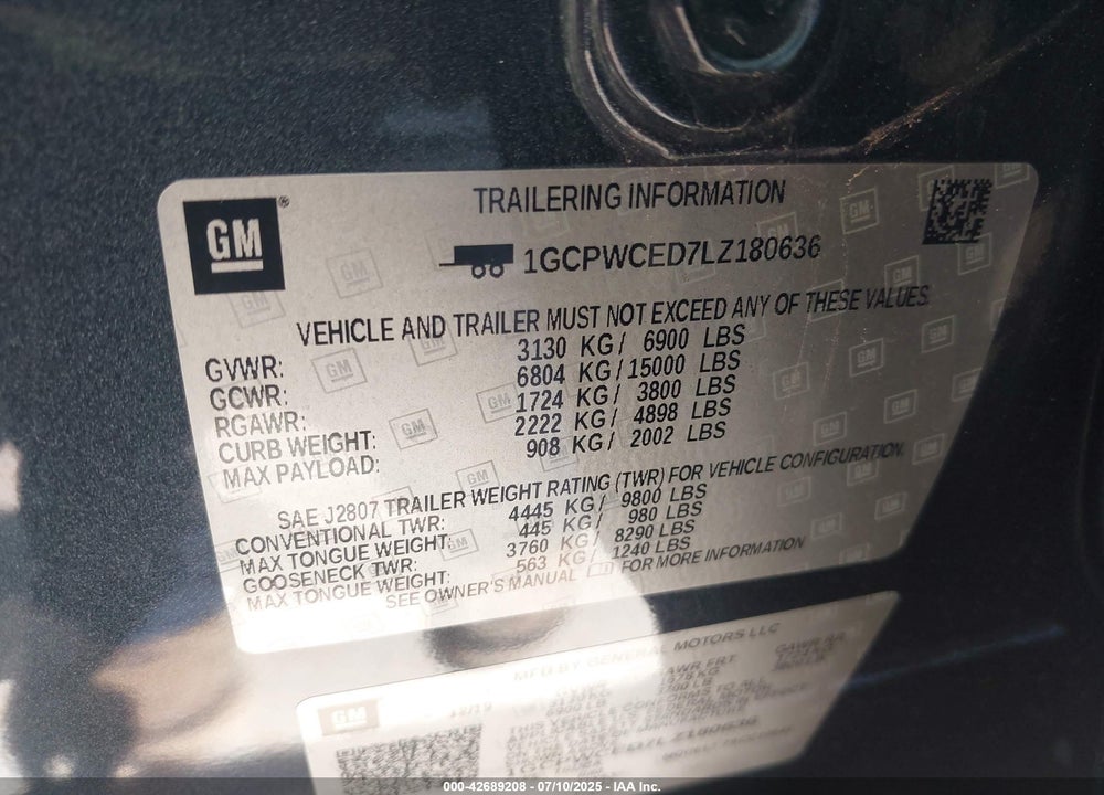 2020 CHEVROLET SILVERADO 1500 VIN: 1GCPWCED7LZ180636