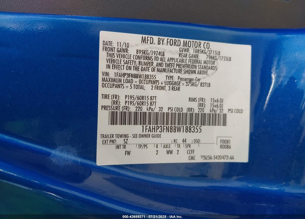 2011 FORD FOCUS SE VIN: 1FAHP3FN8BW188355