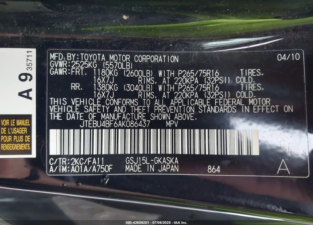 2010 TOYOTA FJ CRUISER VIN: JTEBU4BF6AK086437