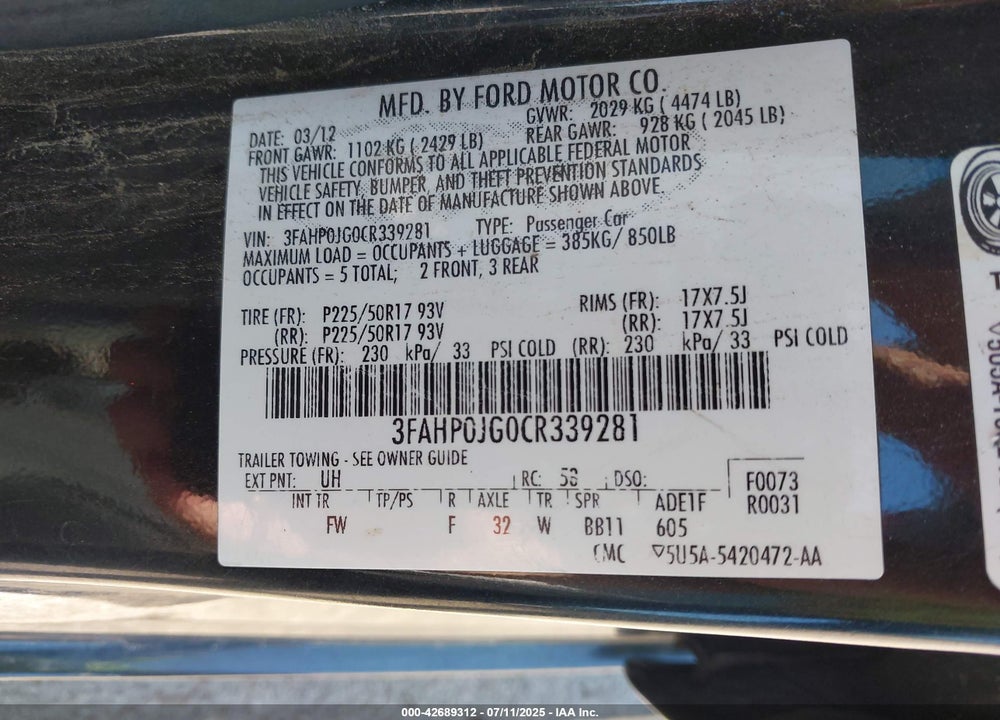 2012 FORD FUSION VIN: 3FAHP0JG0CR339281