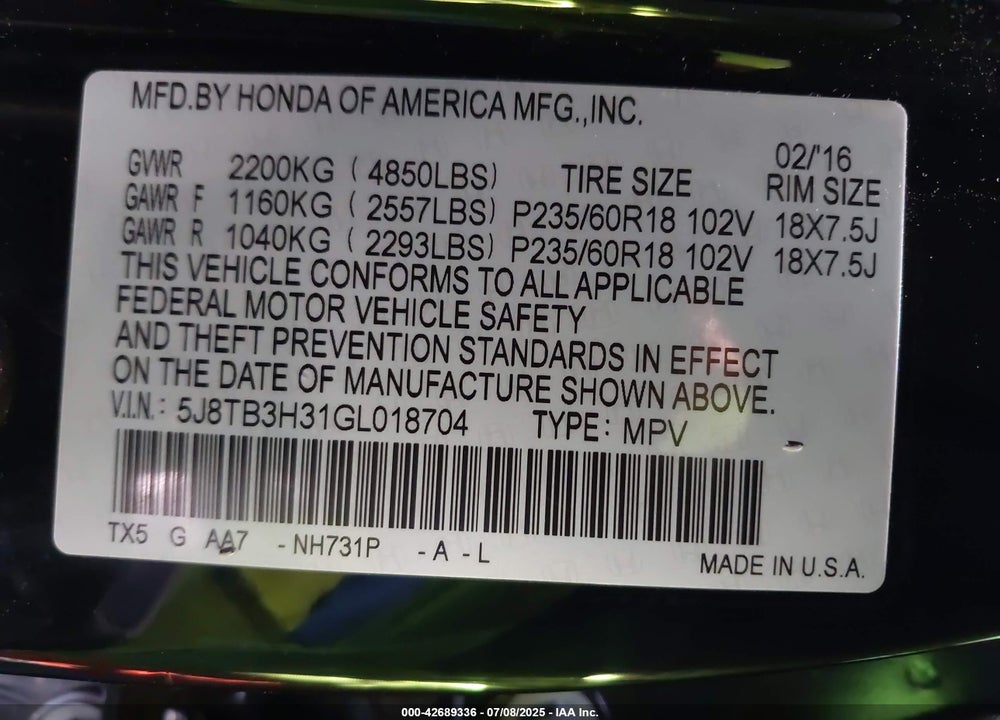 2016 ACURA RDX VIN: 5J8TB3H31GL018704
