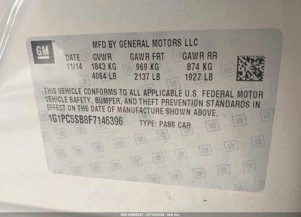 2015 CHEVROLET CRUZE 1LT AUTO VIN: 1G1PC5SB8F7146396
