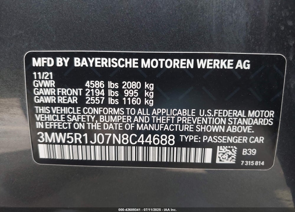2022 BMW 3 SERIES VIN: 3MW5R1J07N8C44688