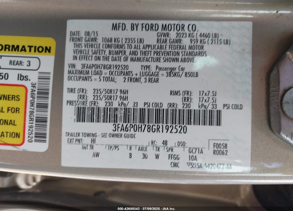 2016 FORD FUSION VIN: 3FA6P0H78GR192520