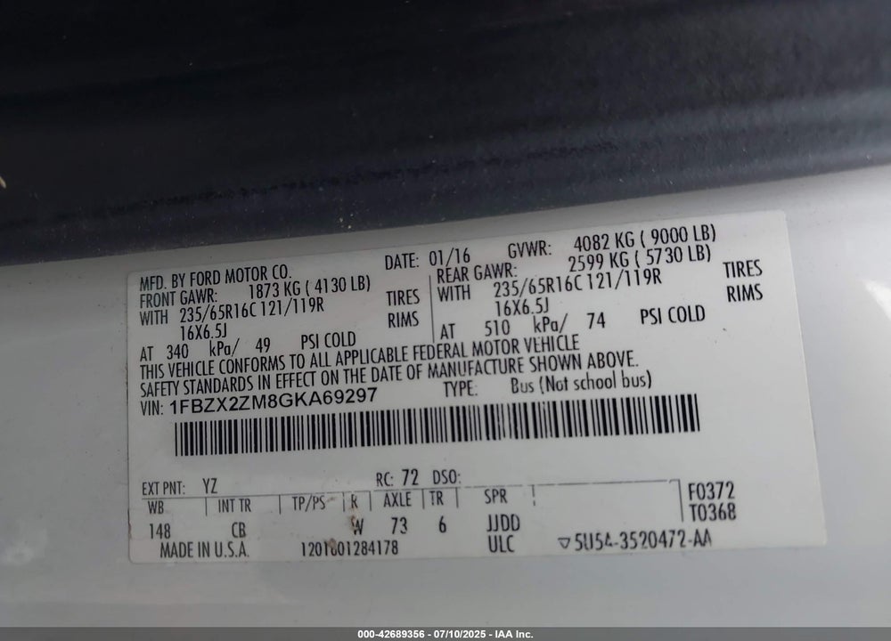 2016 FORD TRANSIT-350 VIN: 1FBZX2ZM8GKA69297
