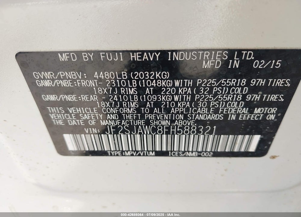 2015 SUBARU FORESTER VIN: JF2SJAWC8FH588321