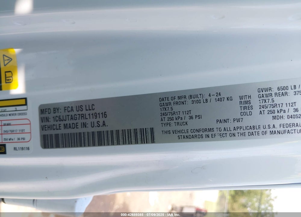2024 JEEP GLADIATOR VIN: 1C6JJTAG7RL119116
