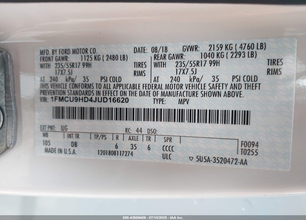 2018 FORD ESCAPE VIN: 1FMCU9HD4JUD16620