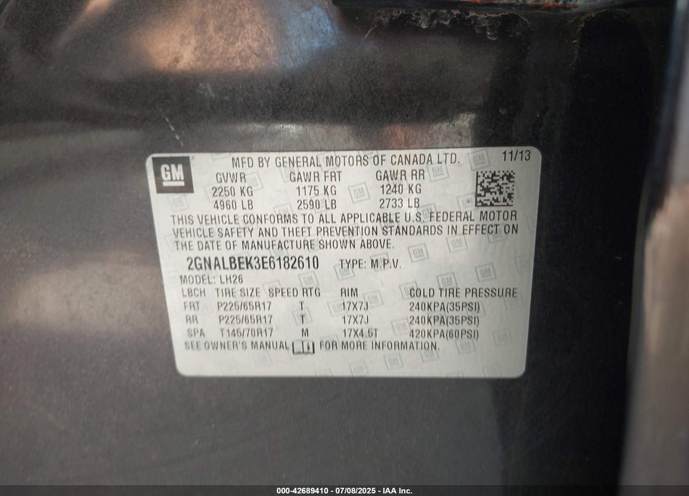 2014 CHEVROLET EQUINOX VIN: 2GNALBEK3E6182610