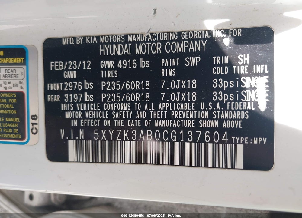 2012 HYUNDAI SANTA FE LIMITED VIN: 5XYZK3AB0CG137604