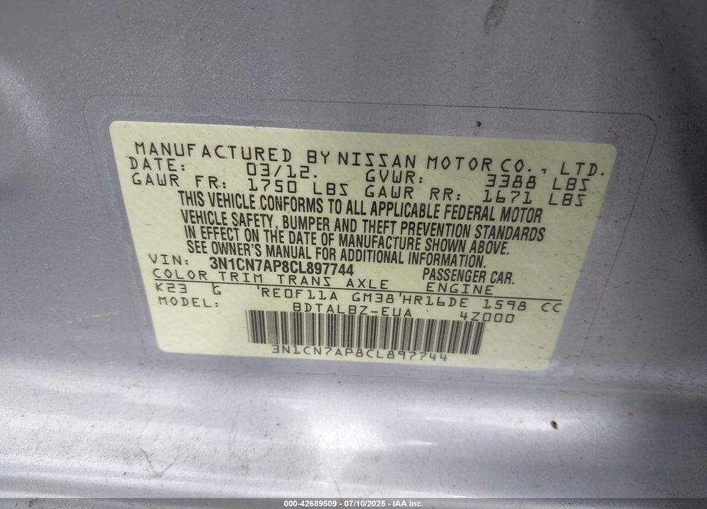 2012 NISSAN VERSA VIN: 3N1CN7AP8CL897744