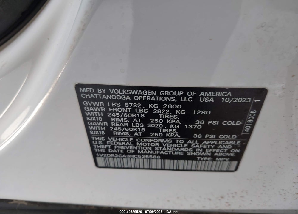 2024 VOLKSWAGEN ATLAS VIN: 1V2DR2CA3RC525586