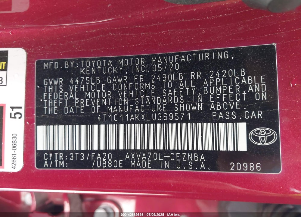 2020 TOYOTA CAMRY LE VIN: 4T1C11AKXLU369571