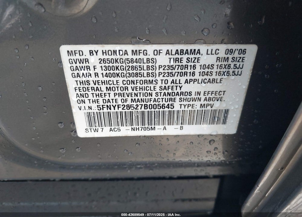2007 HONDA PILOT EX-L VIN: 5FNYF28527B005645