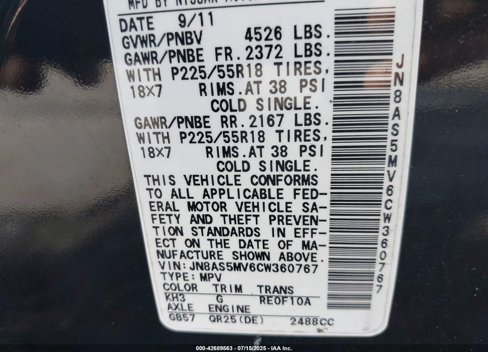 2012 NISSAN ROGUE SV W/SL PKG VIN: JN8AS5MV6CW360767
