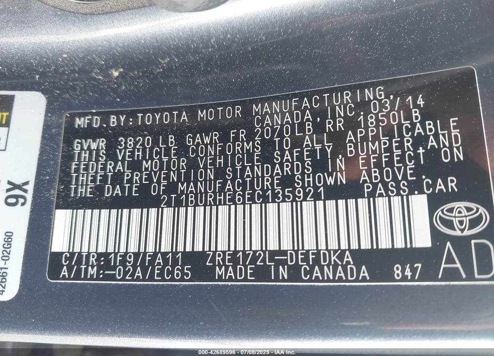 2014 TOYOTA COROLLA VIN: 2T1BURHE6EC135921