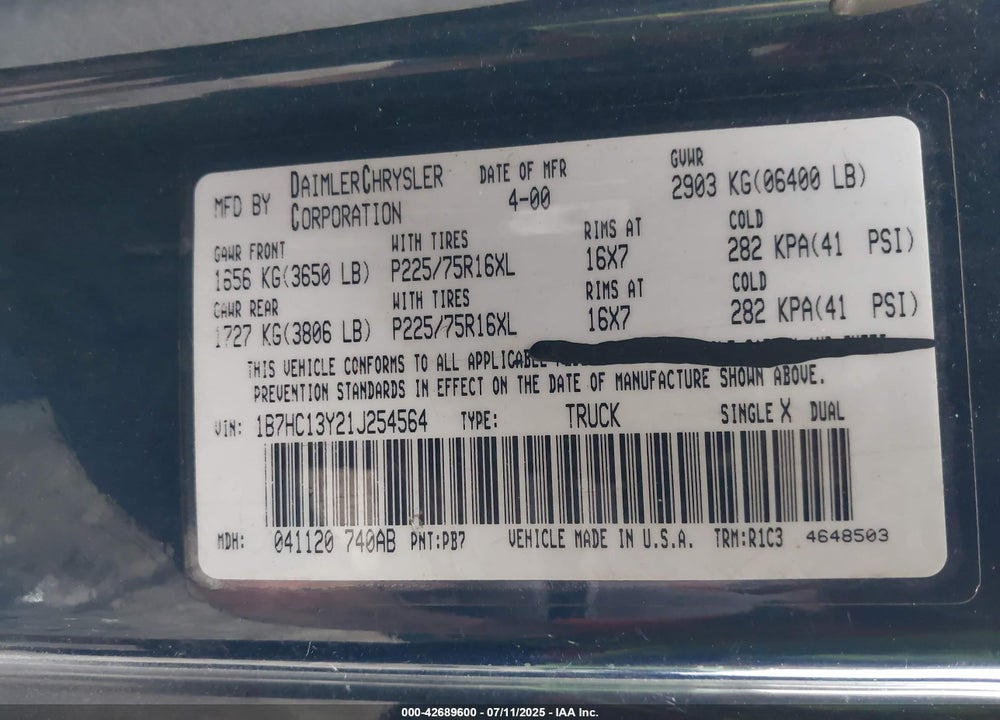 2001 DODGE RAM 1500 ST VIN: 1B7HC13Y21J254564