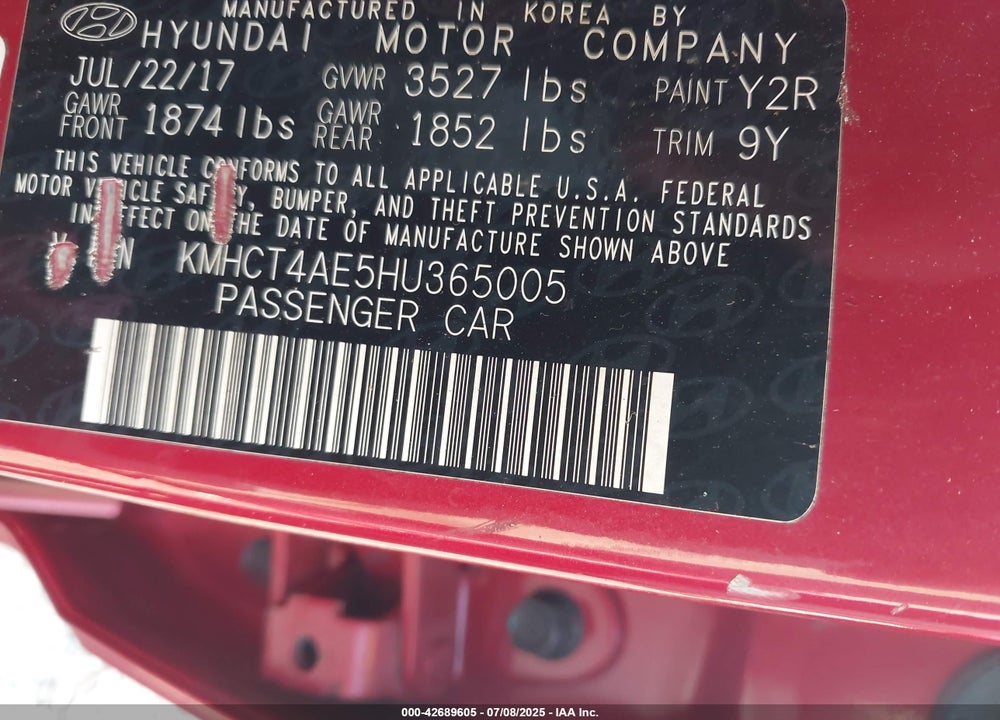 2017 HYUNDAI ACCENT VIN: KMHCT4AE5HU365005