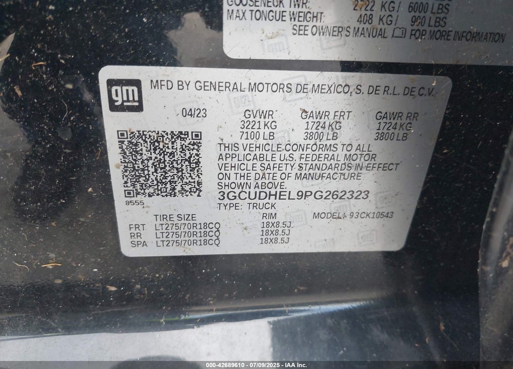 2023 CHEVROLET SILVERADO 1500 VIN: 3GCUDHEL9PG262323