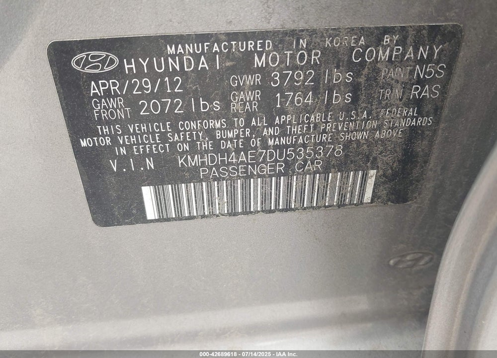 2013 HYUNDAI ELANTRA VIN: KMHDH4AE7DU535378