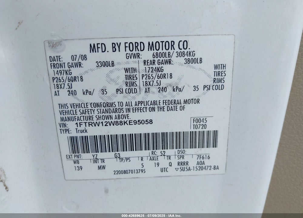 2008 FORD F-150 VIN: 1FTRW12W88KE95058