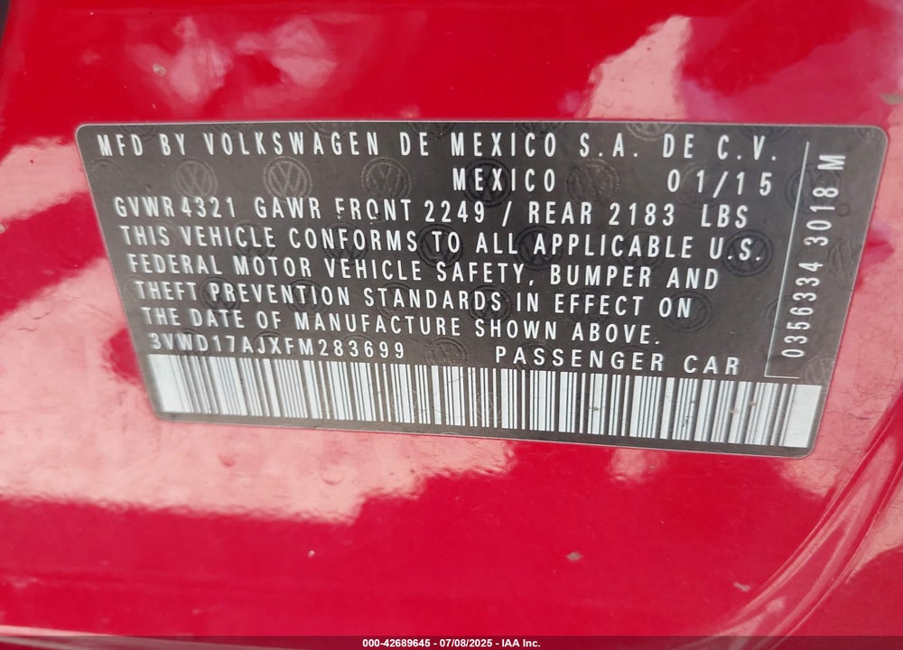 2015 VOLKSWAGEN JETTA VIN: 3VWD17AJXFM283699